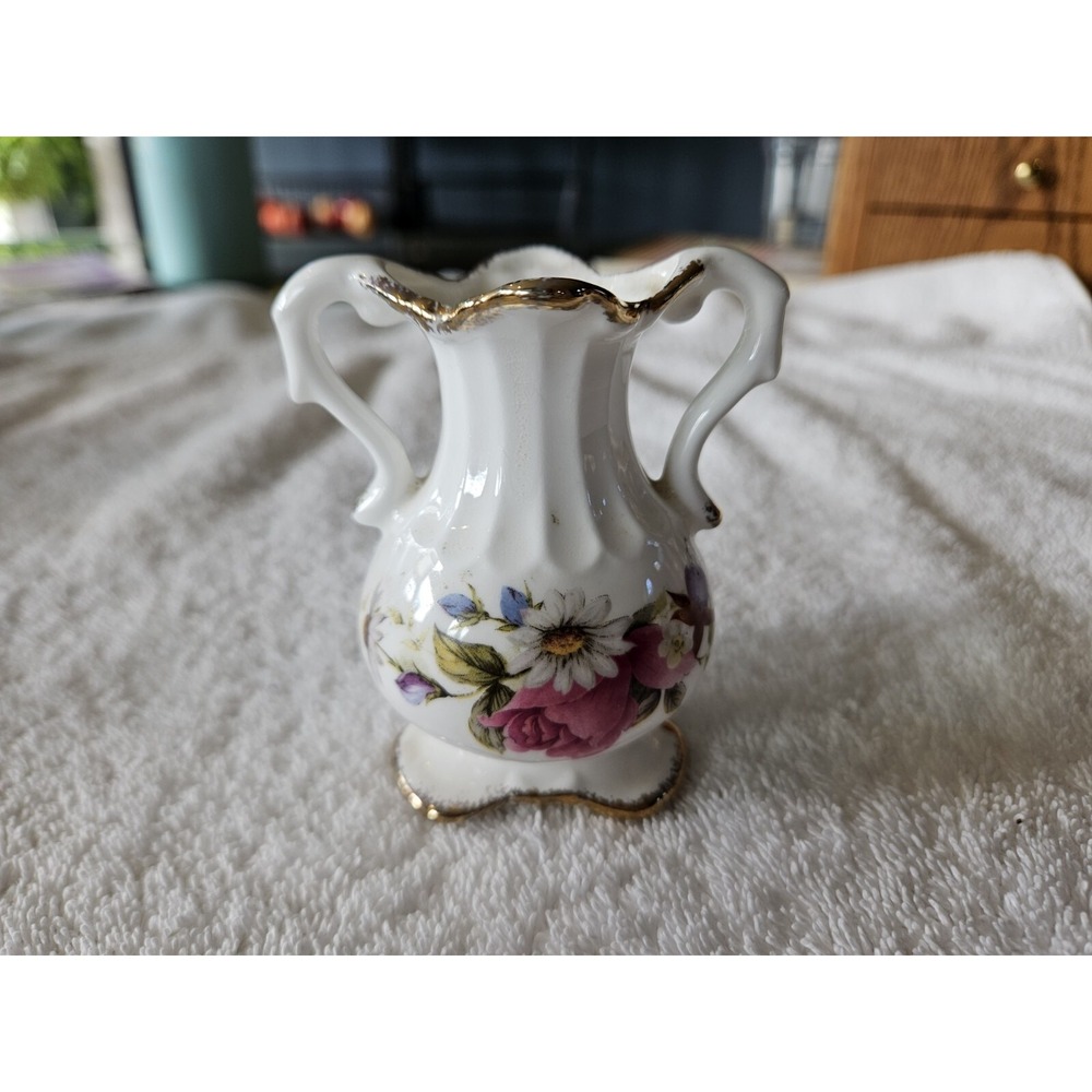 Vintage Flambro Bone China Miniature Vase  Summer Rose 3.5 Inch Tall